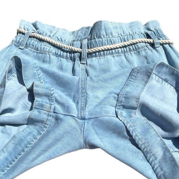 Blue Chambray High Waist Paper Bag Shorts Rope Belt Coastal Nautical Western - Picture 6 of 11